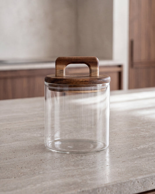 Vorratsglas aus Glas mit Deckel aus Akazienholz